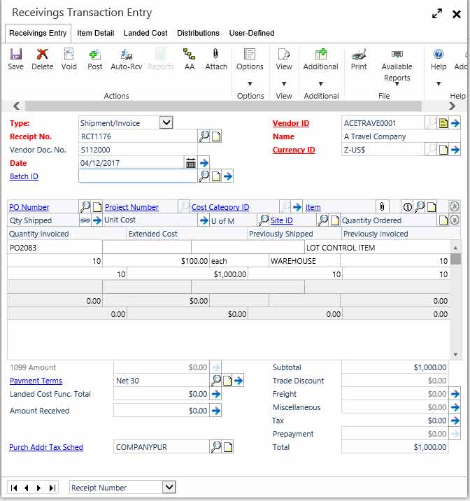 Receivings-Transaction-Entry-ReceivingsEDITED Dynamics GP (Great Plains) Increases Healthcare Purchasing Efficiency